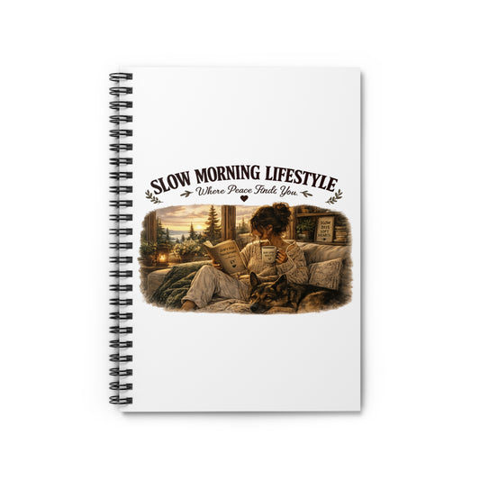 Slow Morning Lifestyle Spiral Journal | Book Lover & German Shepherd Spiral Journal | Cozy Reading and Coffee Spiral Journal