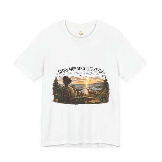 Slow Morning Lifestyle T-Shirt | Coffee Lover Nature T-Shirt | Where Peace Finds You Graphic Tee | Coastal Sunrise & Deer Design